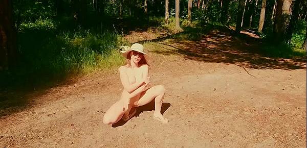 A nudist girl walks in forest near the beach among dressed people. (Emerald Ocean)